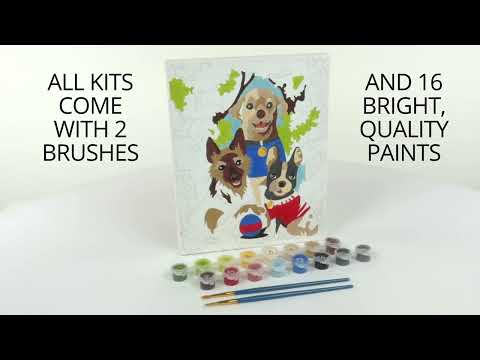 Paint by numbers kit showing dogs painting with brushes and paint palette included