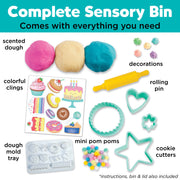 Complete sensory bin bake shop kit with scented dough, cookie cutters, rolling pin and decorations