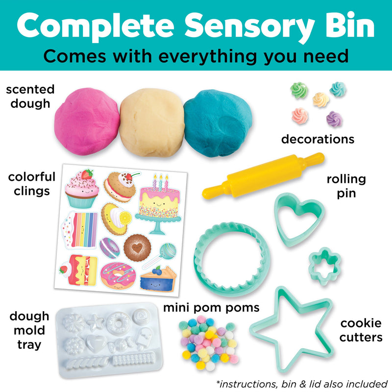 Complete sensory bin bake shop kit with scented dough, cookie cutters, rolling pin and decorations