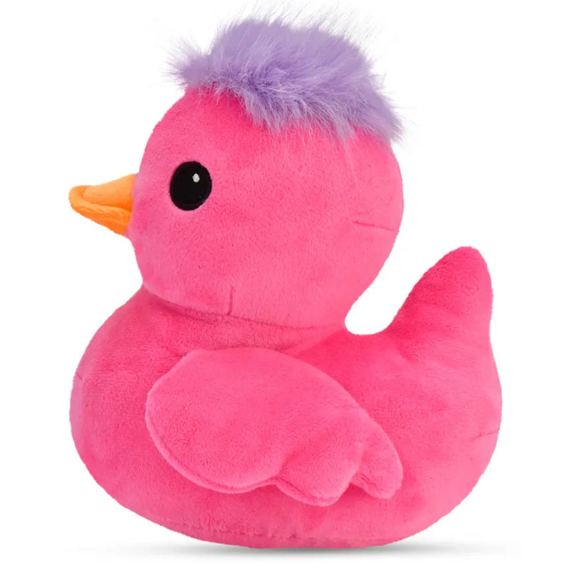 A pink plush rubber duck styled like a punk rock duck, featuring a purple furry mohawk, orange beak, and a black plastic eye, shown on a plain white background.