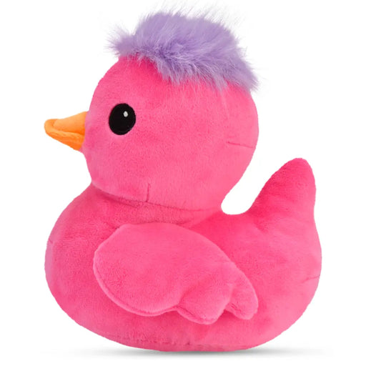 A pink plush rubber duck styled like a punk rock duck, featuring a purple furry mohawk, orange beak, and a black plastic eye, shown on a plain white background.