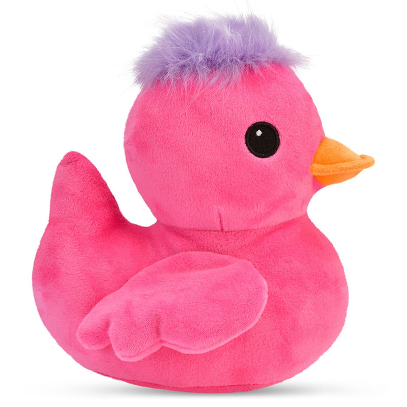 A pink plush rubber duck toy with a fluffy purple mohawk and a bright orange beak, shown against a plain white background.