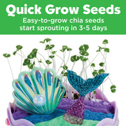Mermaid themed mini garden with chia seeds sprouting from decorative seashell container