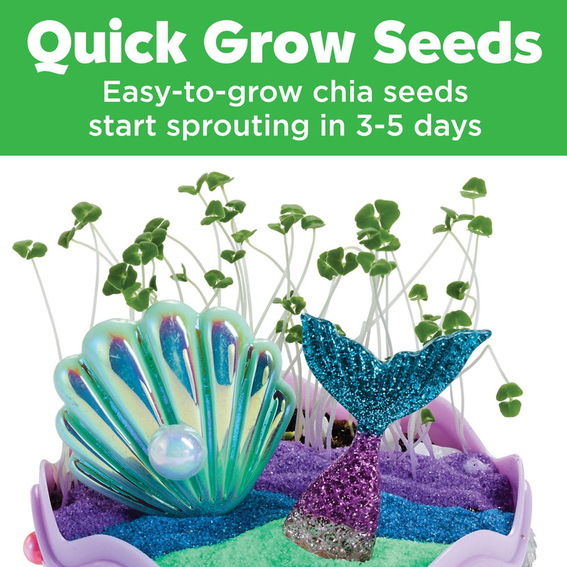 Mermaid themed mini garden with chia seeds sprouting from decorative seashell container