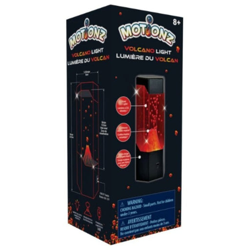 Motionz Volcano Light LED lamp in retail packaging box with red glowing effect