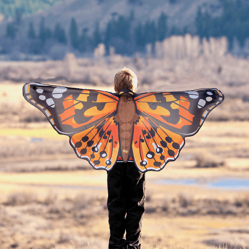 Child wearing orange Painted Lady butterfly wings in outdoor field setting