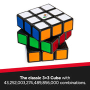 Rubik's 3x3 cube showing classic colorful faces with promotional text about combinations