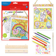 Faber-Castell Paint by Number Sweets kit with coloring pages, pencils, and accessories