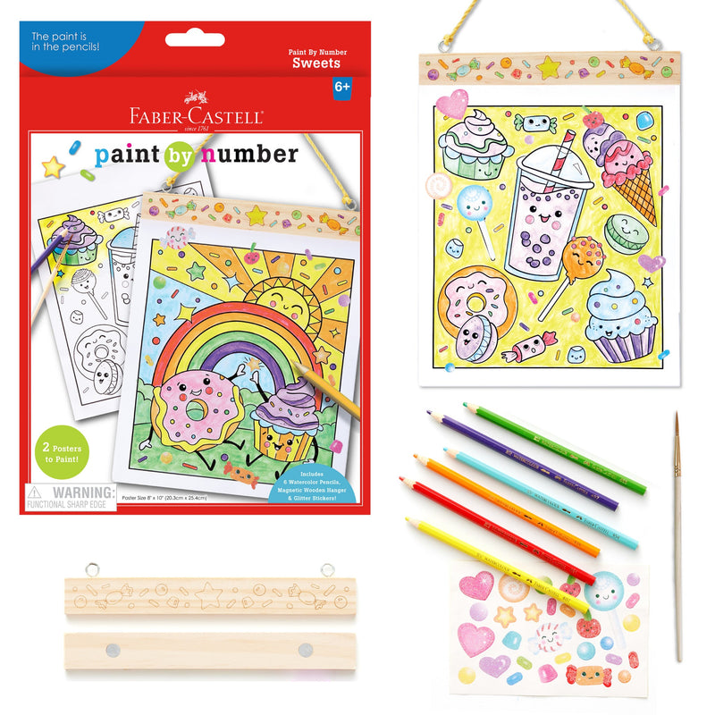 Faber-Castell Paint by Number Sweets kit with coloring pages, pencils, and accessories