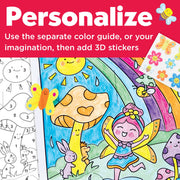 Paint by number fairy friends coloring page with numbered sections and 3D stickers