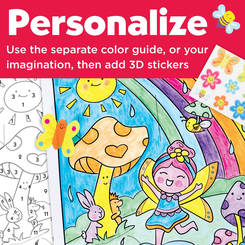 Paint by number fairy friends coloring page with numbered sections and 3D stickers