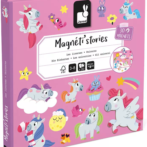 Janod Magneti'Stories Unicorns magnetic toy box with 30 magnets on pink background