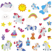 Collection of colorful unicorn and fantasy themed magnetic pieces including stars rainbows clouds