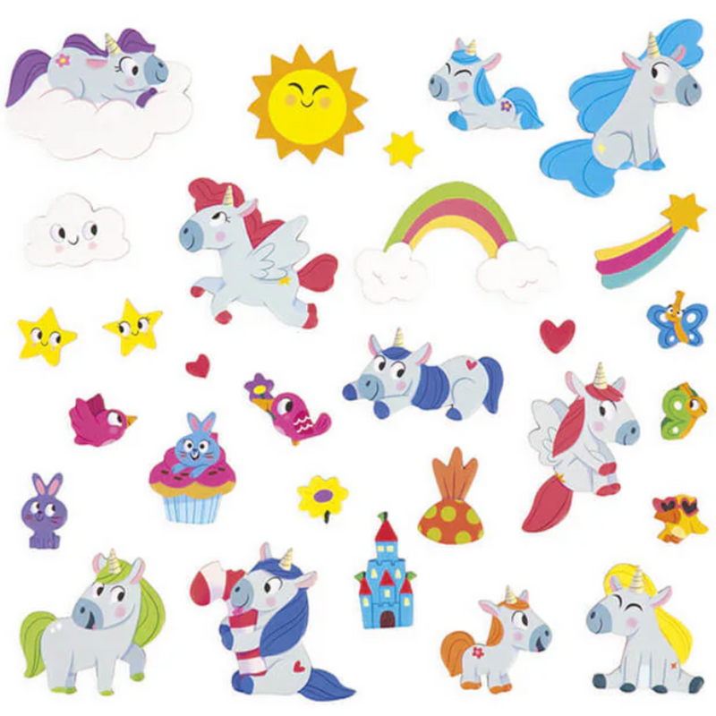 Collection of colorful unicorn and fantasy themed magnetic pieces including stars rainbows clouds