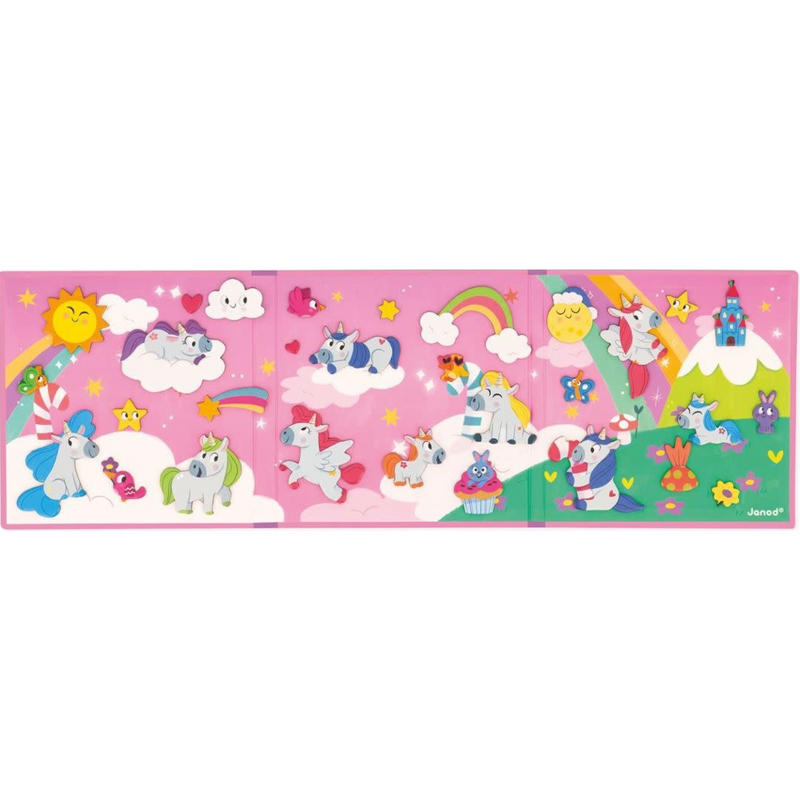 Colorful unicorn-themed magnetic storytelling set with pink background and whimsical characters
