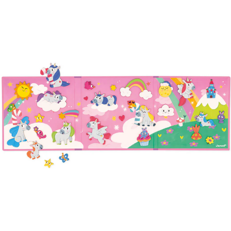 Janod Magneti'Stories Unicorns magnetic puzzle board with unicorn characters on rainbow background