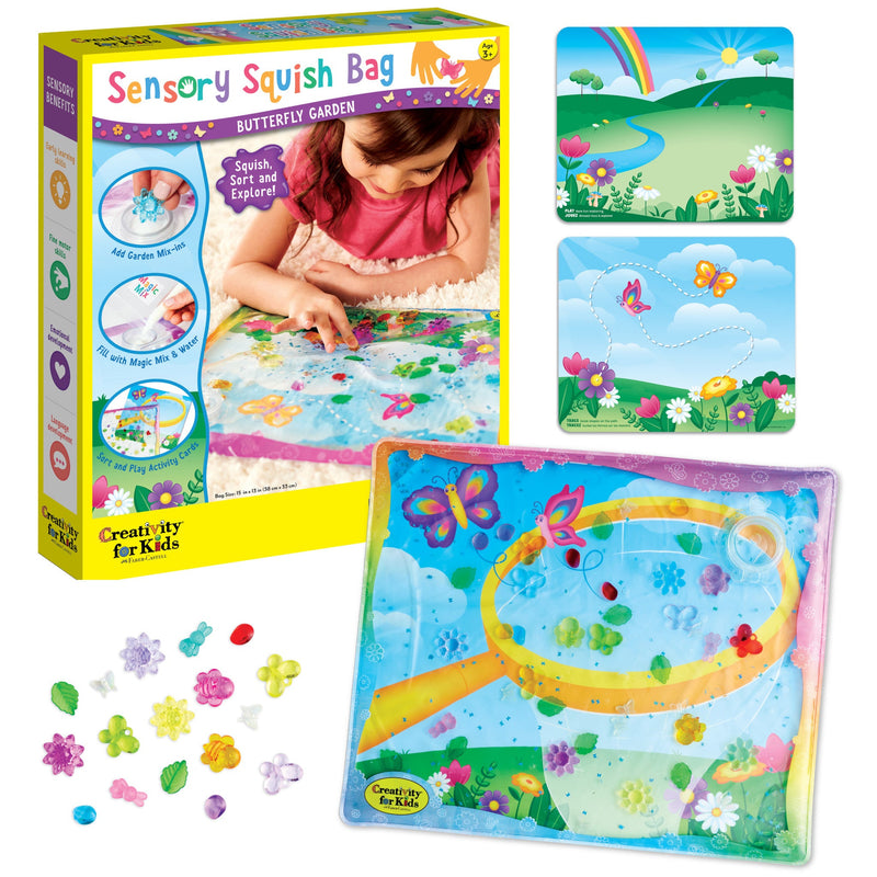 Sensory Squish Bag Butterfly Garden with colorful gel-filled play mat and garden accessories