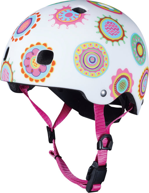 White children's helmet with colorful doodle dot pattern and pink straps