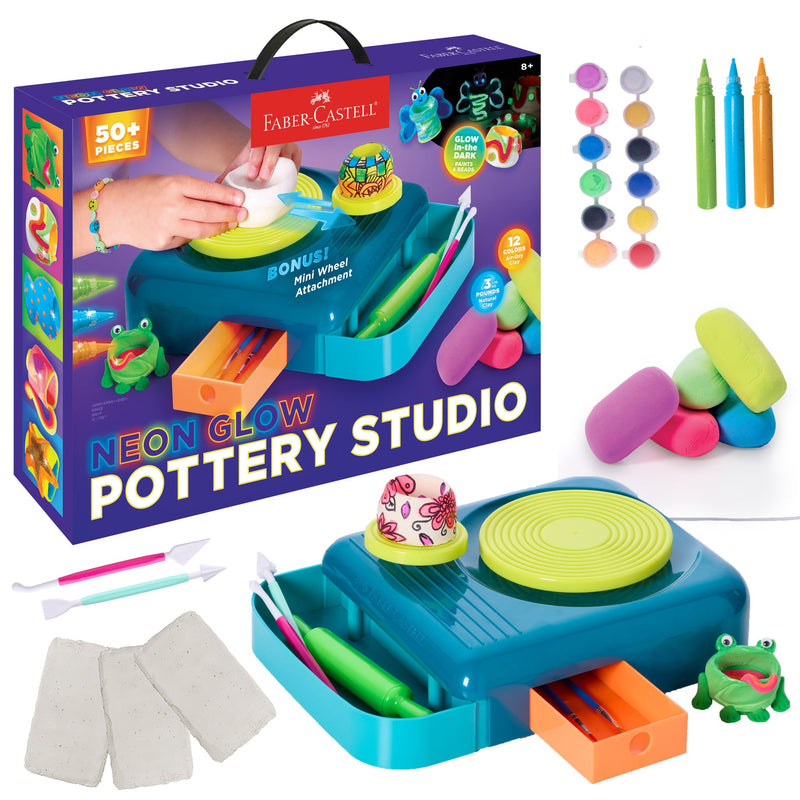 Faber-Castell Neon Glow Pottery Studio set with wheel, clay, paints, and tools