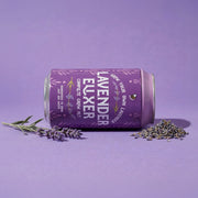 Purple lavender grow kit soda can with lavender sprigs and seeds on purple background