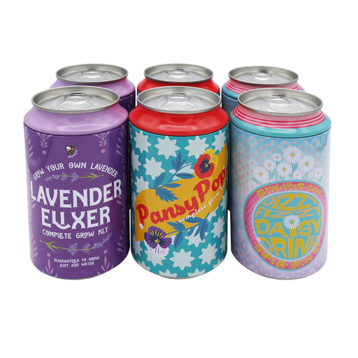 Six colorful soda can flower grow kits including lavender, pansy and daisy varieties