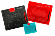 Three Mag-Pad magnetic drawing boards in black, red, and teal colors with stylus pens