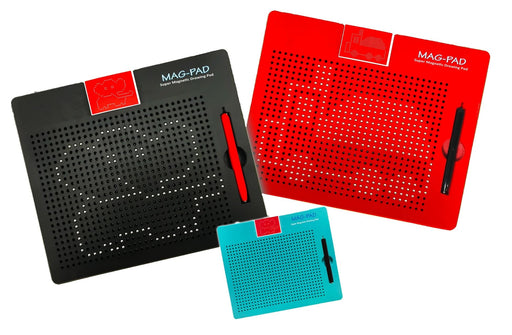 Three Mag-Pad magnetic drawing boards in black, red, and teal colors with stylus pens