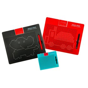 Three Mag-Pad drawing boards in black red and turquoise colors on white background