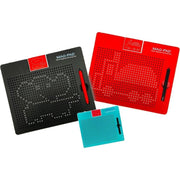Three Mag-Pad magnetic drawing boards in black, red, and turquoise colors with stylus pens