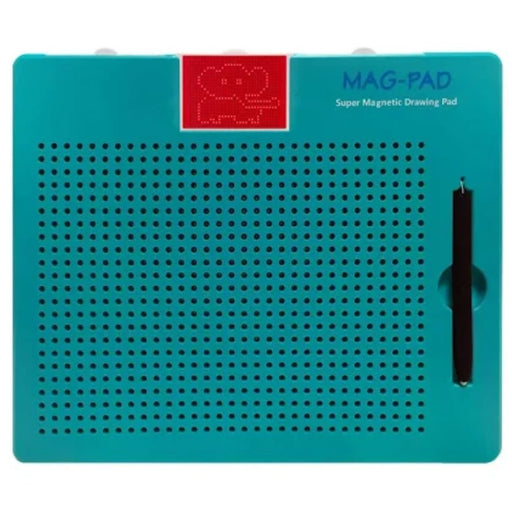 Turquoise Mag-Pad magnetic drawing board with black stylus and red erasing slider
