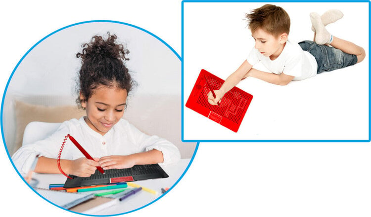 Children using magnetic drawing boards in bed and at desk lifestyle photo