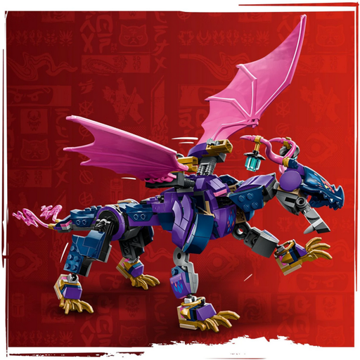 Purple and blue LEGO Ninjago dragon with wings and golden claws on red background
