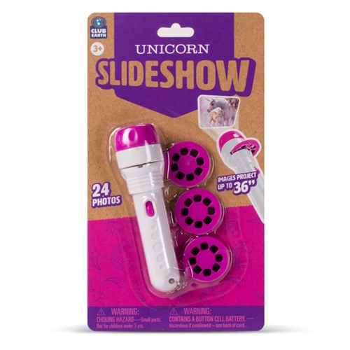 Unicorn Slideshow toy projector with pink and white flashlight and photo discs packaging