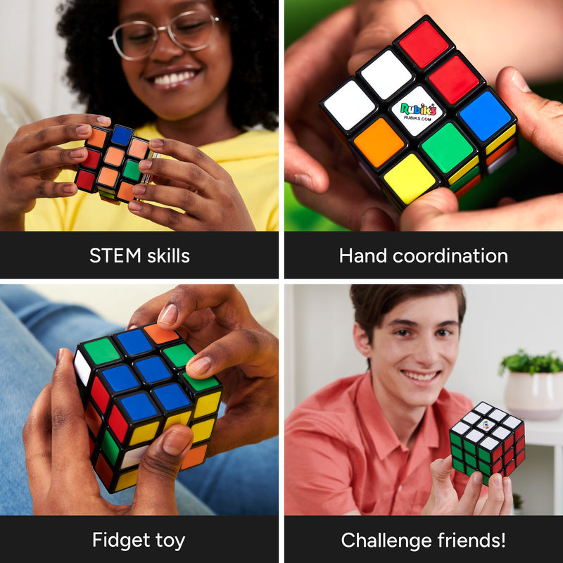 Professional lifestyle image showing people using Rubik's 3x3 Cube highlighting STEM skills and hand coordination