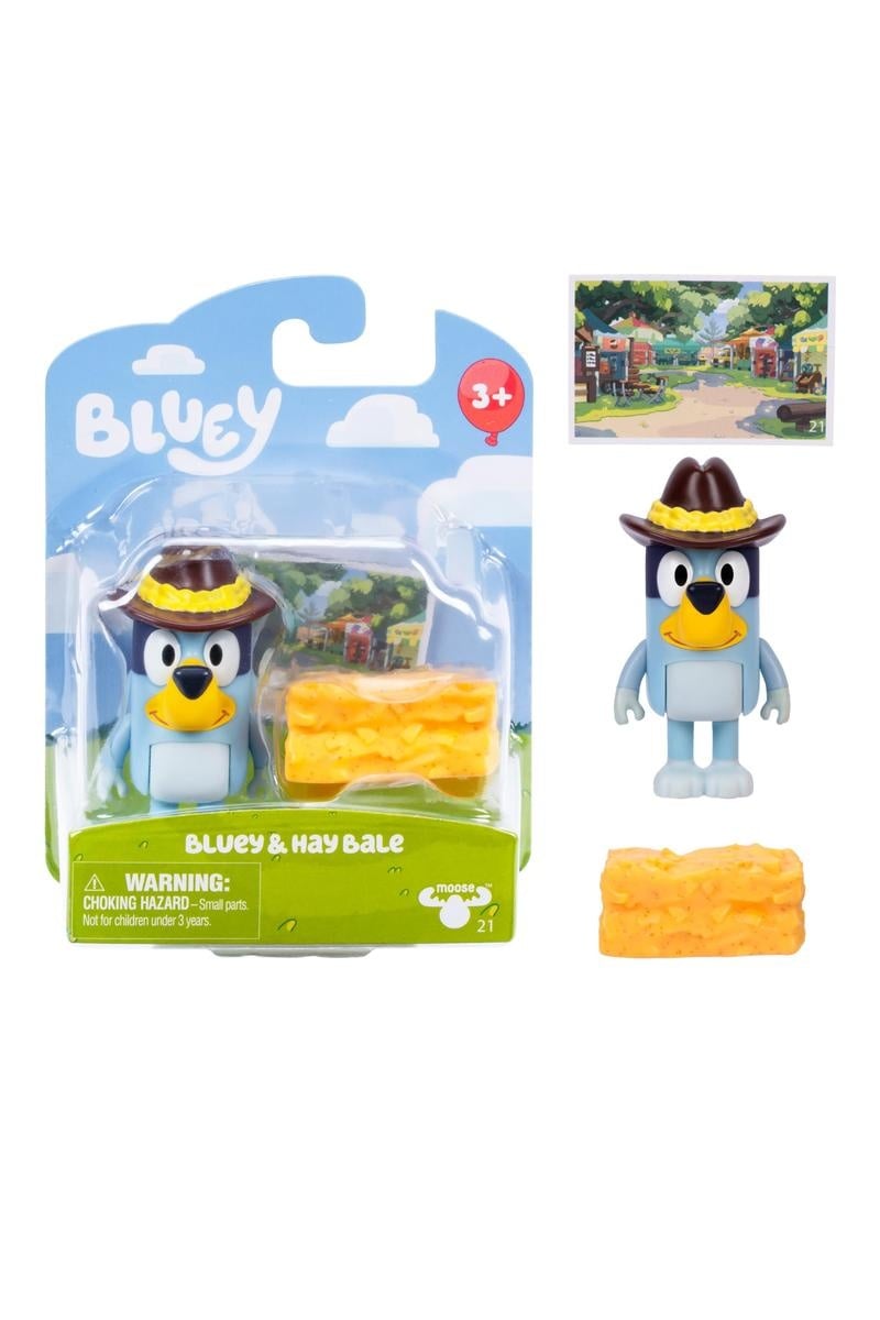 Bluey Story Starter Pack showing character figure with cowboy hat and yellow hay bale accessory in packaging