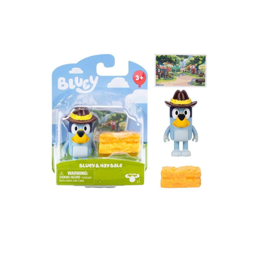 Bluey Story Starter Pack showing character figure with cowboy hat and yellow hay bale accessory in packaging