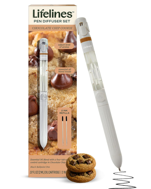 Lifelines Pen Diffuser Set in Chocolate Chip Cookie scent with packaging and ink refills