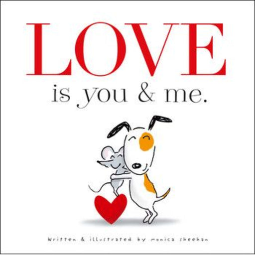 Love is You & Me children's book cover featuring cartoon dog with red heart.