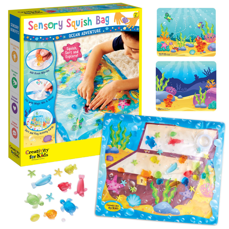 Sensory Squish Bag Ocean Adventure kit with packaging, play mat, and colorful sea creatures
