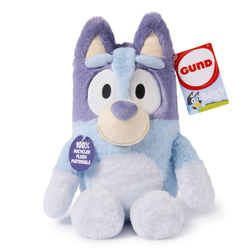 Blue and purple Bluey plush toy with GUND tag showing recycled materials label