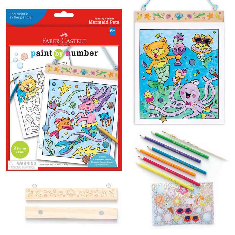 Faber-Castell paint by number mermaid pets kit with colored pencils and completed artwork