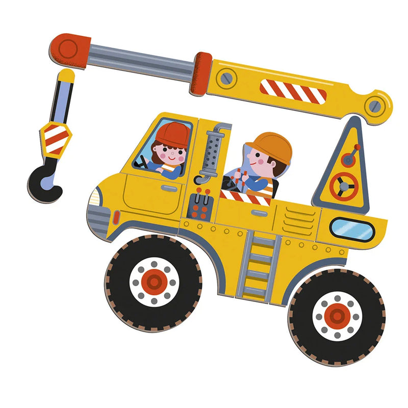 Yellow cartoon construction crane truck with two worker characters from Magneti'Book Construction
