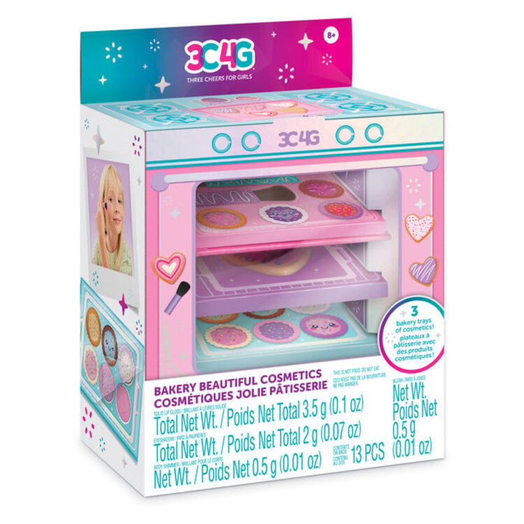 3C4G Bakery Beautiful Cosmetics playset in pink display case with multiple cosmetic trays