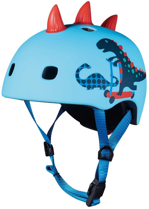 Blue Micro Kickboard 3D Scootersaurus helmet with red spikes and dinosaur graphics