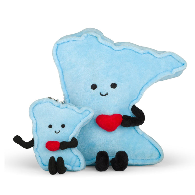Blue Minnesota state shaped plush toy with smaller keychain version, both with red hearts
