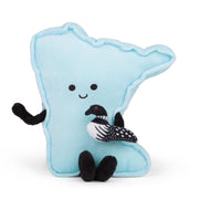Light blue Minnesota state shaped plush toy with black arms, legs, and loon bird