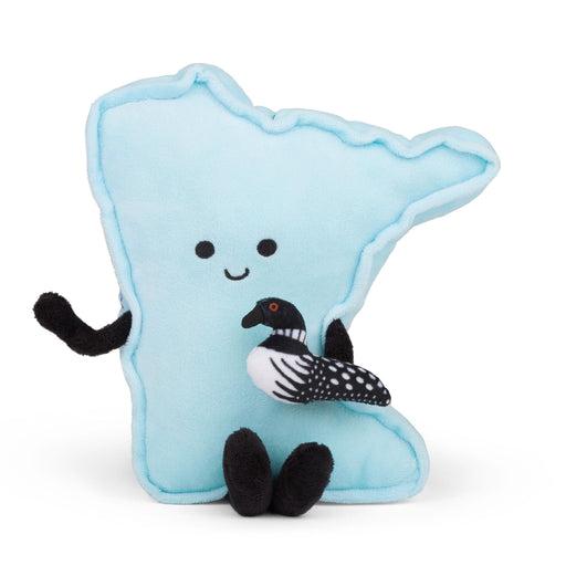 Light blue Minnesota state shaped plush toy with black arms, legs, and loon bird