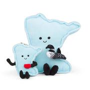Light blue Minnesota state shaped plush toys with cute faces and small loon bird