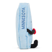 Light blue Minnesota state shaped plush toy with black loon and red beak details