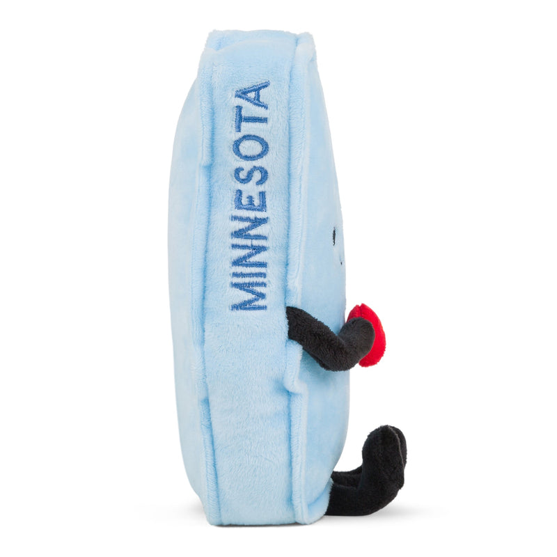 Light blue Minnesota state shaped plush toy with black loon and red beak details